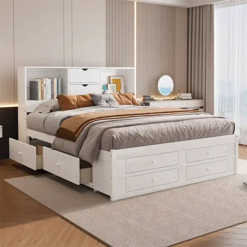 Lit plate-forme King Size avec tête de lit de rangement et 8 tiroirs