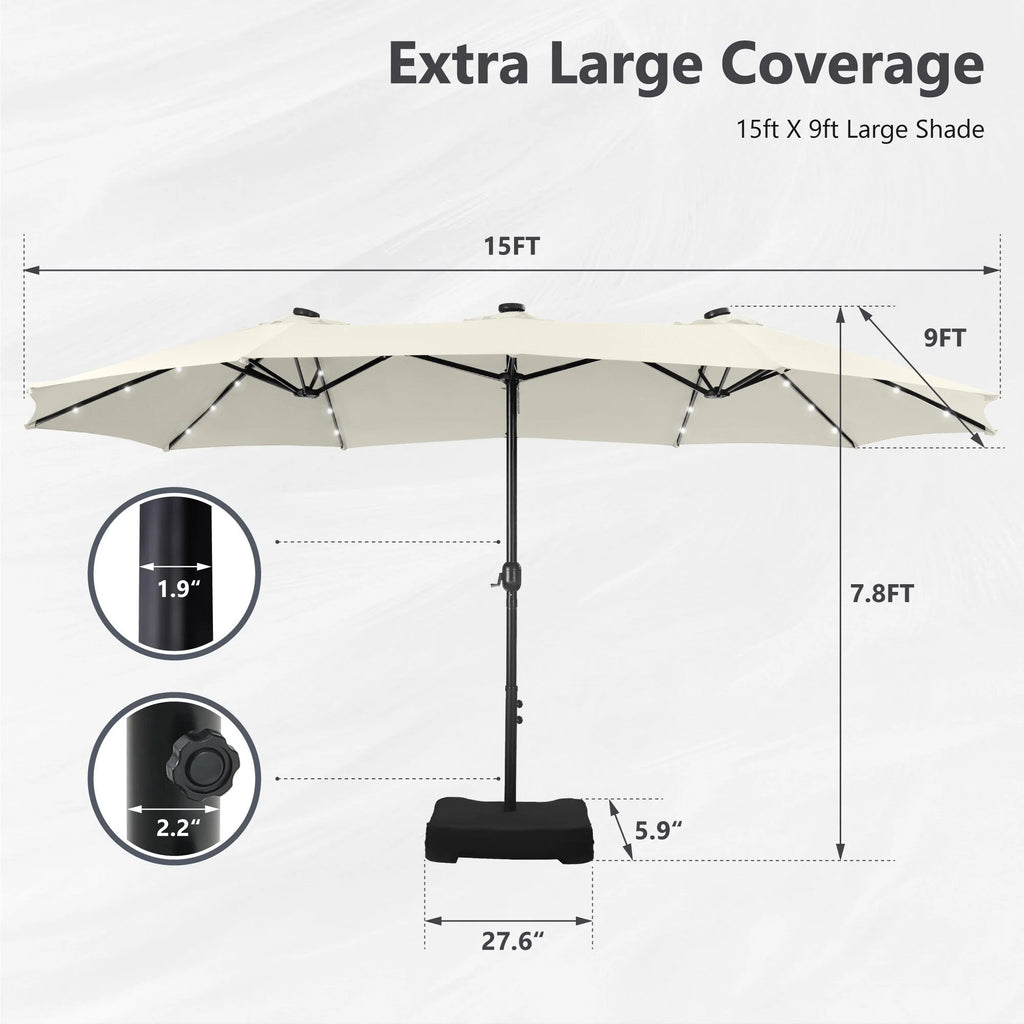 MAISON ARTS Parasol de marché extérieur rectangulaire de 4,5 m avec manivelle, double face, lumières LED solaires et base incluse