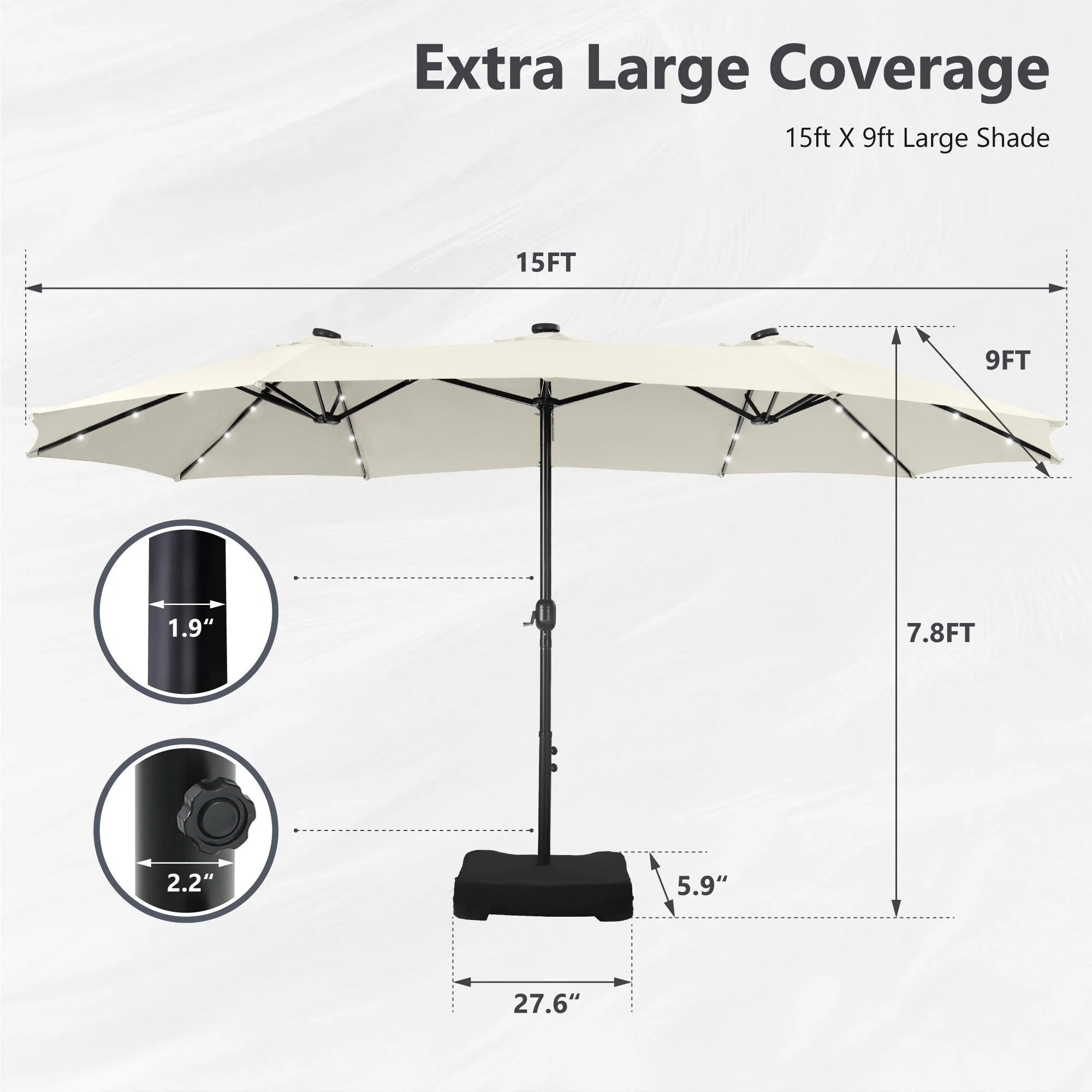 MAISON ARTS Parasol de marché extérieur rectangulaire de 4,5 m avec manivelle, double face, lumières LED solaires et base incluse