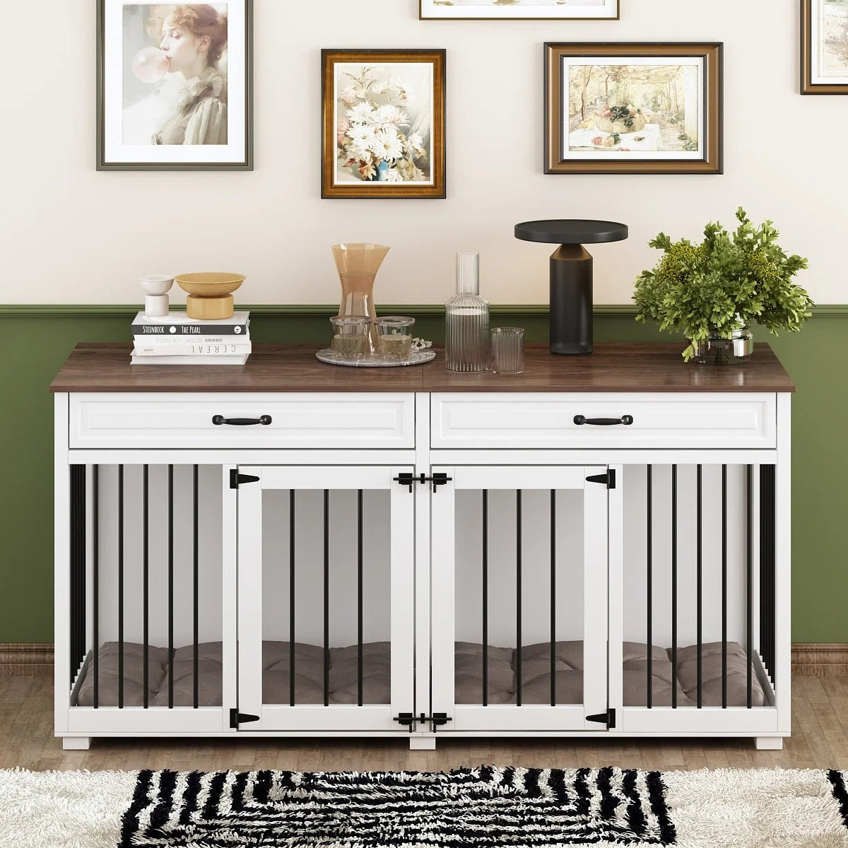 Meuble Niche Double pour Chiens en Bois avec 2 Tiroirs et Séparateur
