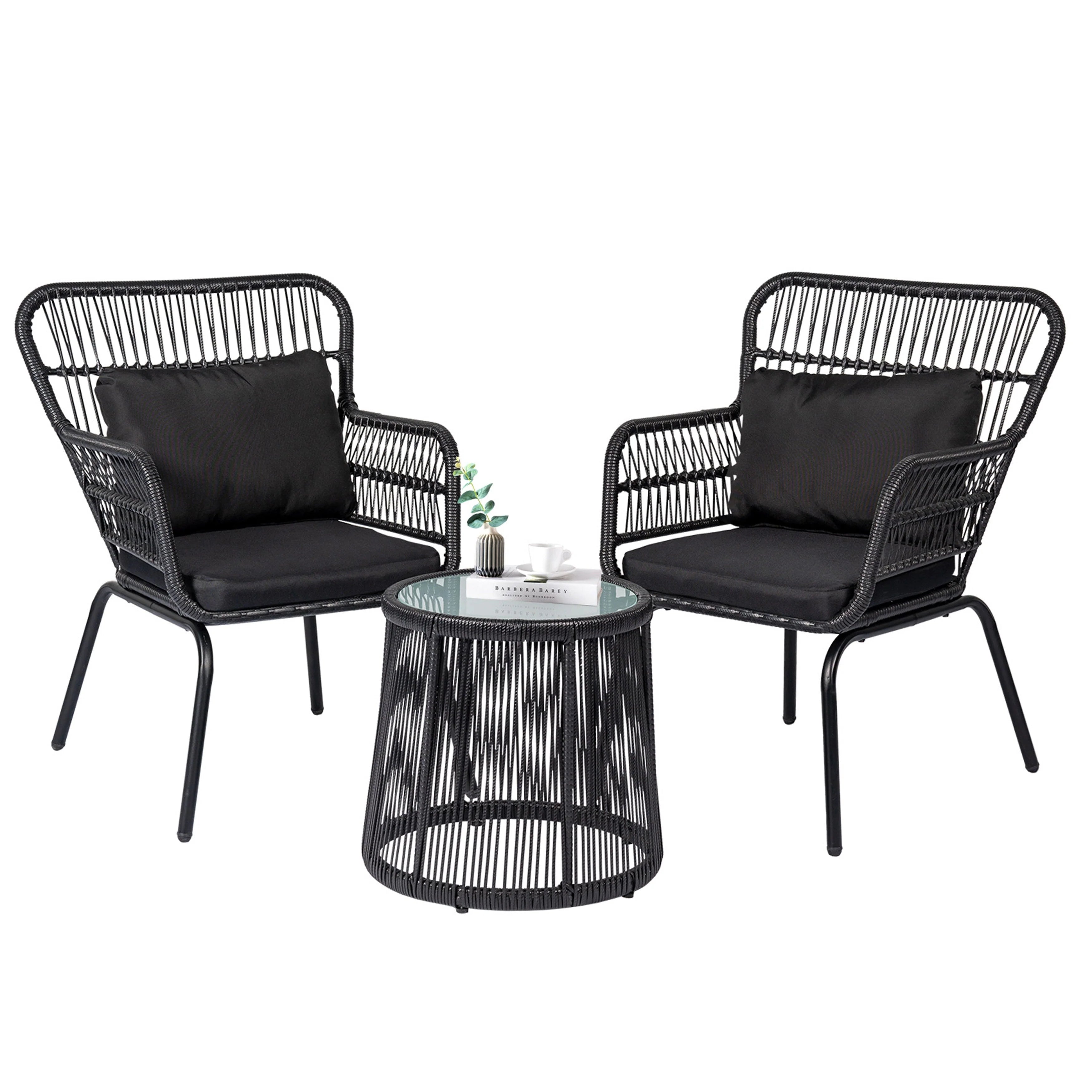 Ensemble bistrot 3 pièces d'extérieur en osier, meubles de terrasse en rotin résistant aux intempéries avec coussins