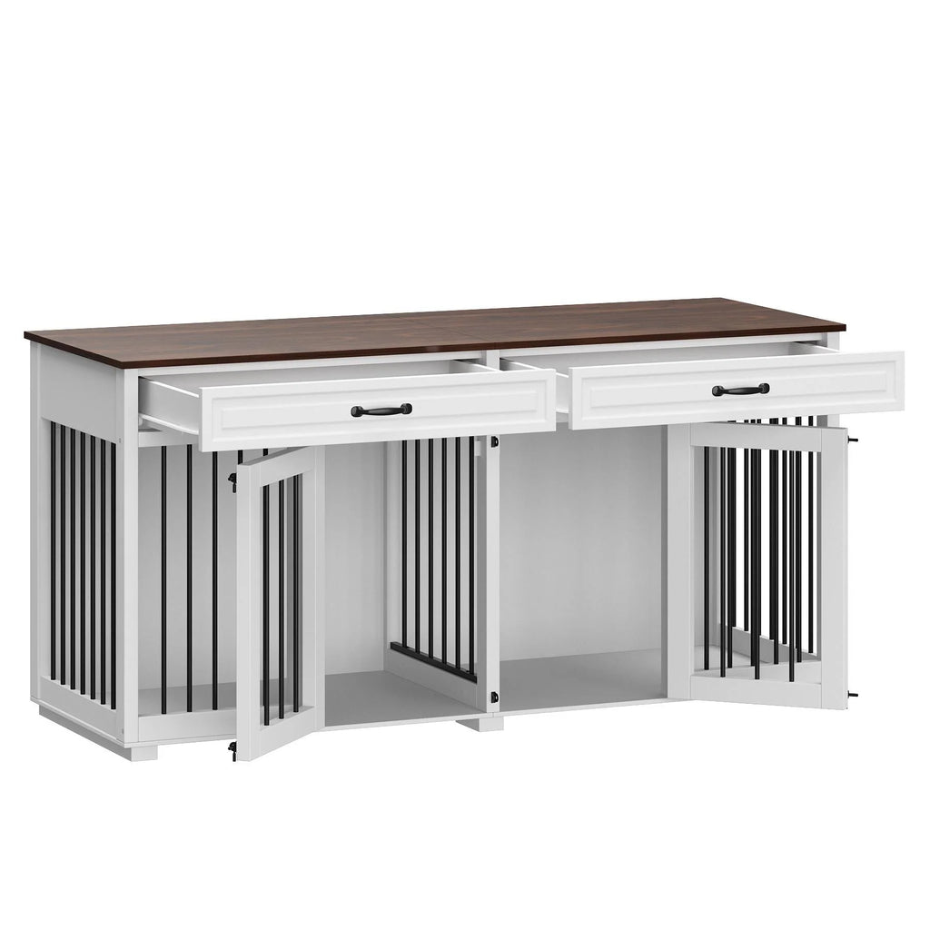 Meuble Niche Double pour Chiens en Bois avec 2 Tiroirs et Séparateur