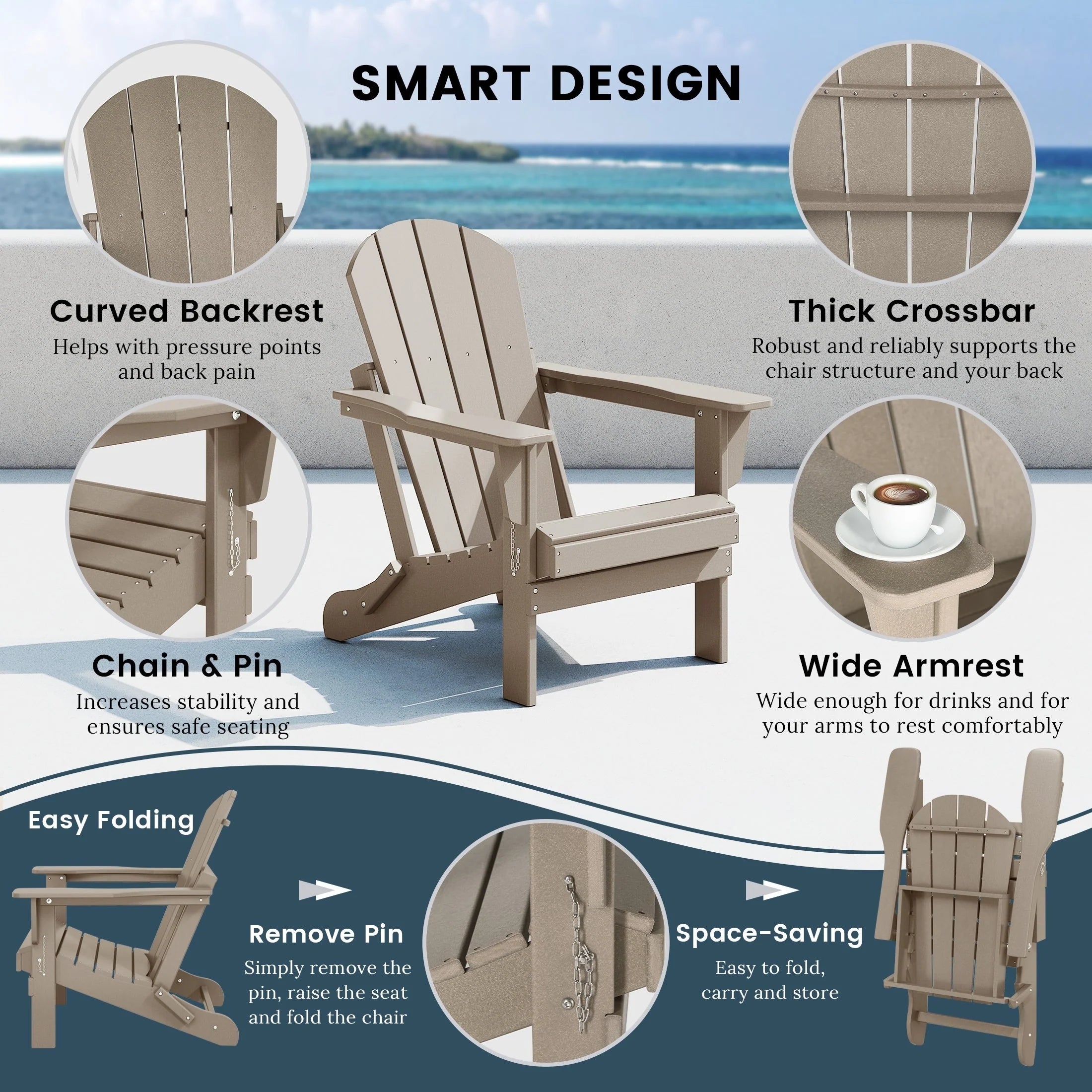 Chaise Adirondack pliante de patio d'extérieur tout temps résistante à la décoloration Polytrends Laguna