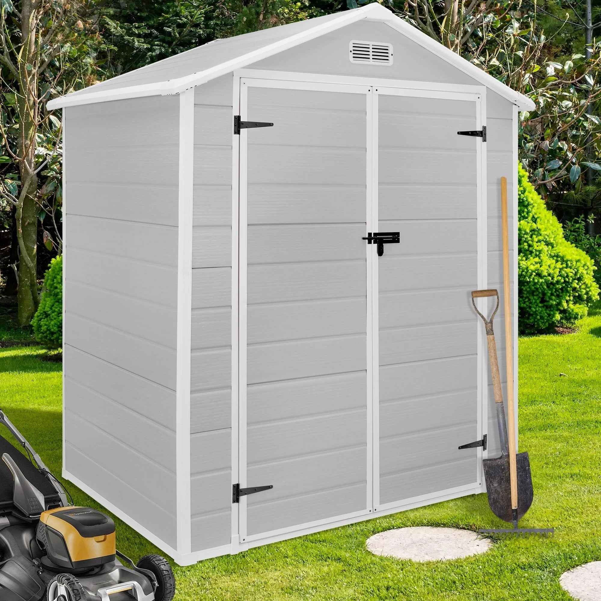 Abri de jardin en résine toutes saisons avec plancher de 1,8 m x 1,2 m / 1,8 m x 2,4 m / 2,4 m x 1,8 m / 2,4 m x 3 m, abri à outils Spire