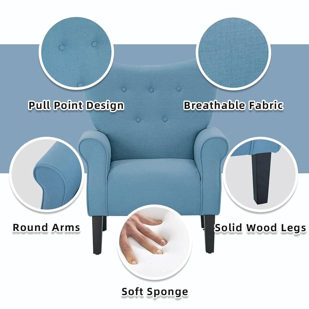 Fauteuil d'appoint moderne Erommy, fauteuil à dossier haut, canapé individuel en tissu capitonné avec pieds en bois pour salon