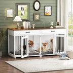 Meuble Niche Double pour Chiens en Bois avec 2 Tiroirs et Séparateur