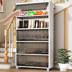 Meuble à chaussures blanc en plastique avec façade abattante et roulettes pour couloir