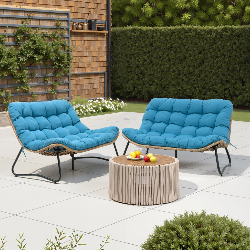 Fauteuil Double Papasan avec Coussin, en Rotin PE Résistant aux Intempéries et Cadre en Métal pour Intérieur et Extérieur