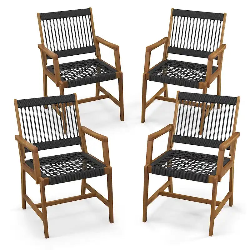 Chaises de salle à manger Gymax Patio 4 pièces en bois d'acacia avec corde tressée résistante aux intempéries