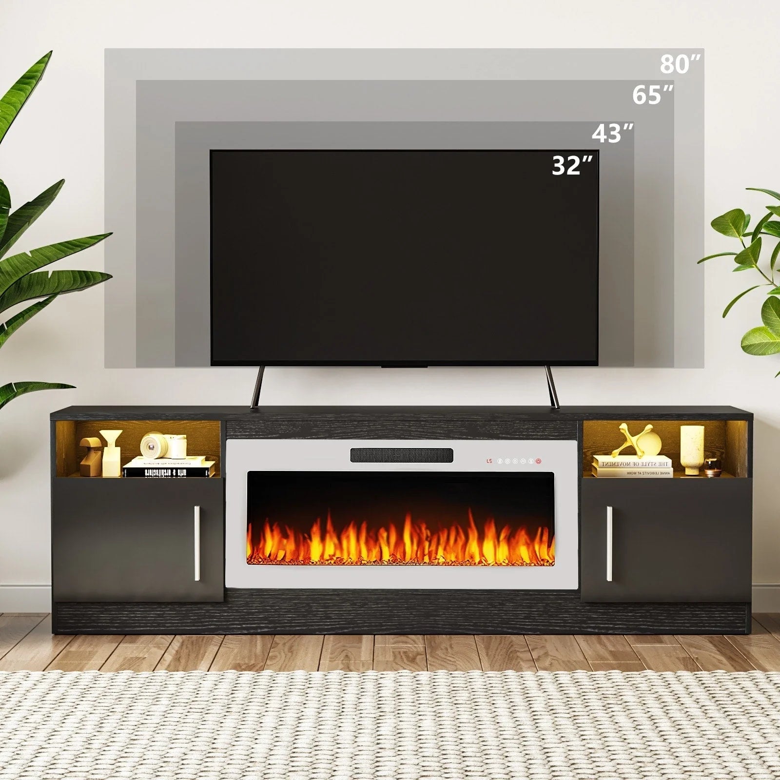 Meuble TV cheminée Bossin 70 avec cheminée électrique 36, meuble TV pour téléviseurs jusqu'à 80 pouces, lumières LED 16 couleurs/centre de divertissement