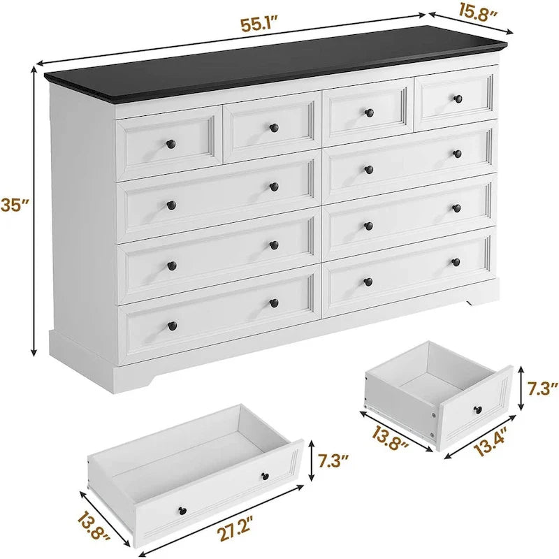 Commode 10 tiroirs, commode en bois 55 grands tiroirs et commodes
