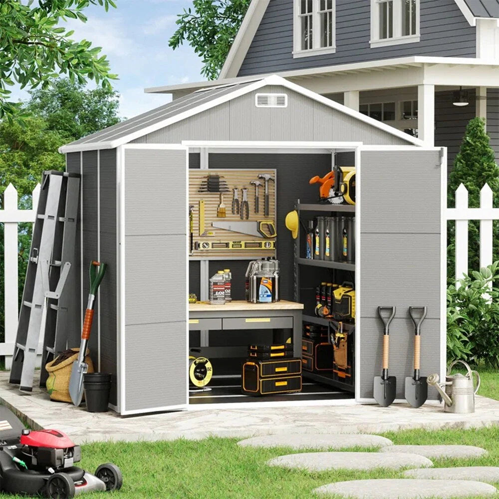 Abri de jardin en résine toutes saisons avec plancher de 1,8 m x 1,2 m / 1,8 m x 2,4 m / 2,4 m x 1,8 m / 2,4 m x 3 m, abri à outils Spire