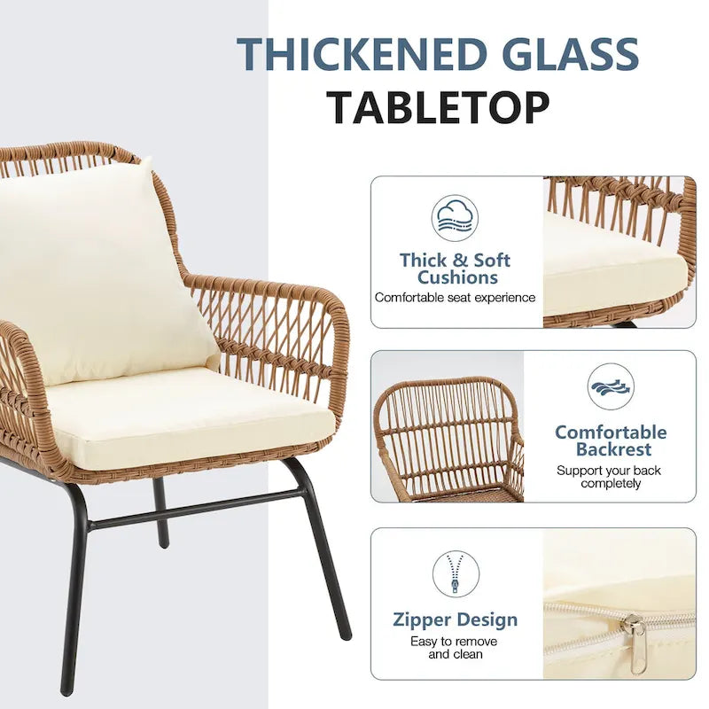 Ensemble de bistro 3 pièces pour terrasse, salon de jardin en rotin d'extérieur avec table en verre et 2 fauteuils larges, coussins d'assise