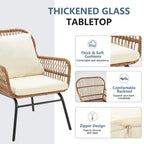 Ensemble de bistro 3 pièces pour terrasse, salon de jardin en rotin d'extérieur avec table en verre et 2 fauteuils larges, coussins d'assise