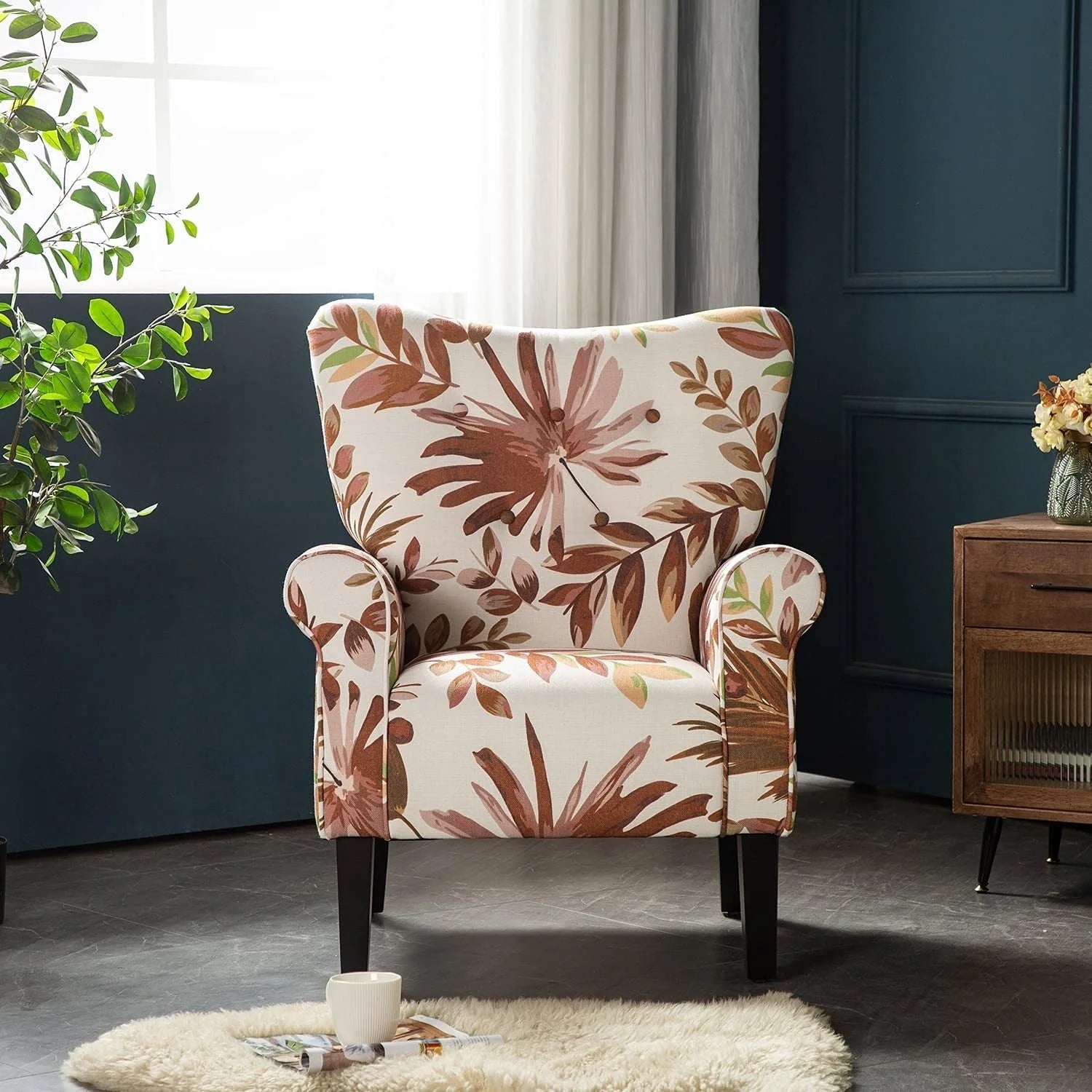 Fauteuil d'appoint moderne Erommy, fauteuil à dossier haut, canapé individuel en tissu capitonné avec pieds en bois pour salon