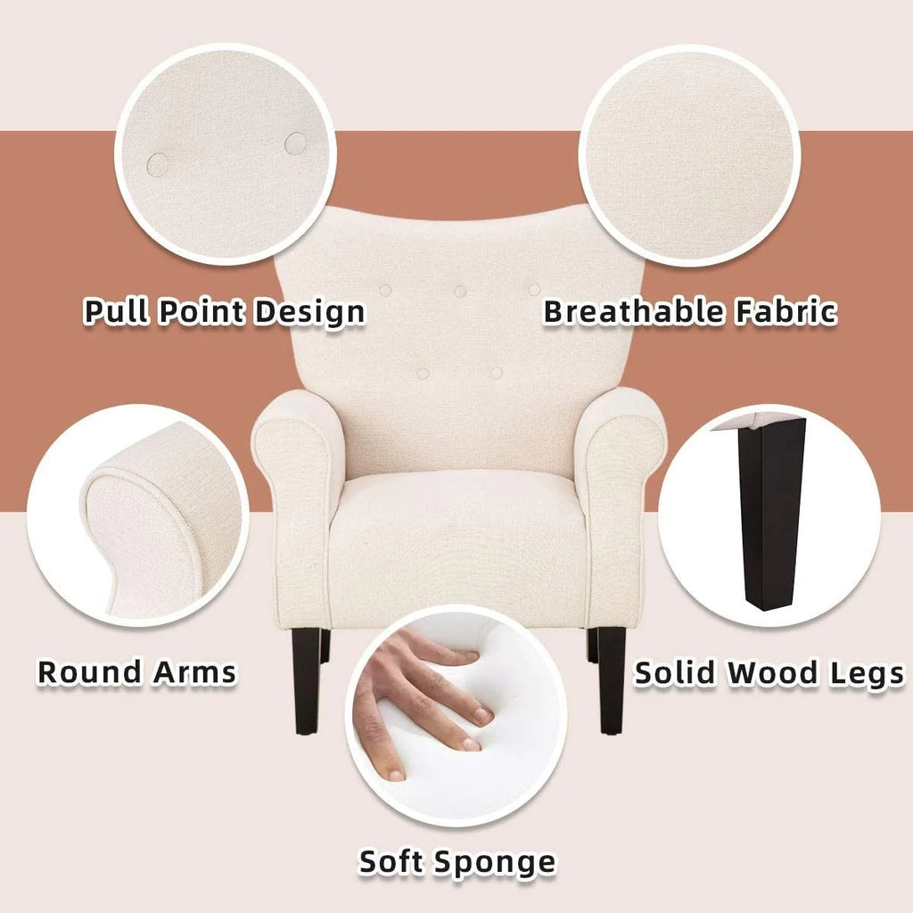 Fauteuil d'appoint moderne Erommy, fauteuil à dossier haut, canapé individuel en tissu capitonné avec pieds en bois pour salon