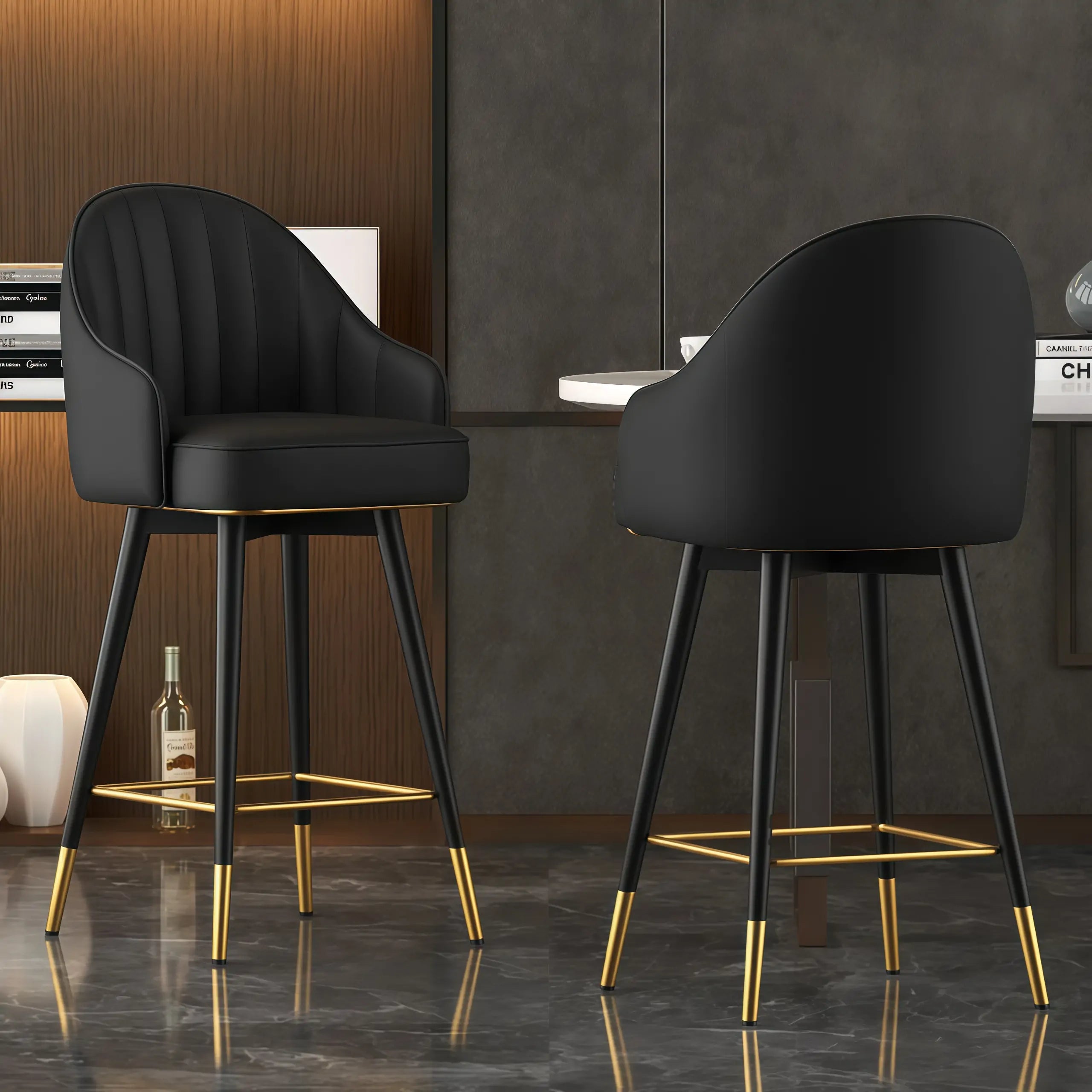 Tabouret de bar pivotant en cuir Art Déco avec assise baquet rembourrée