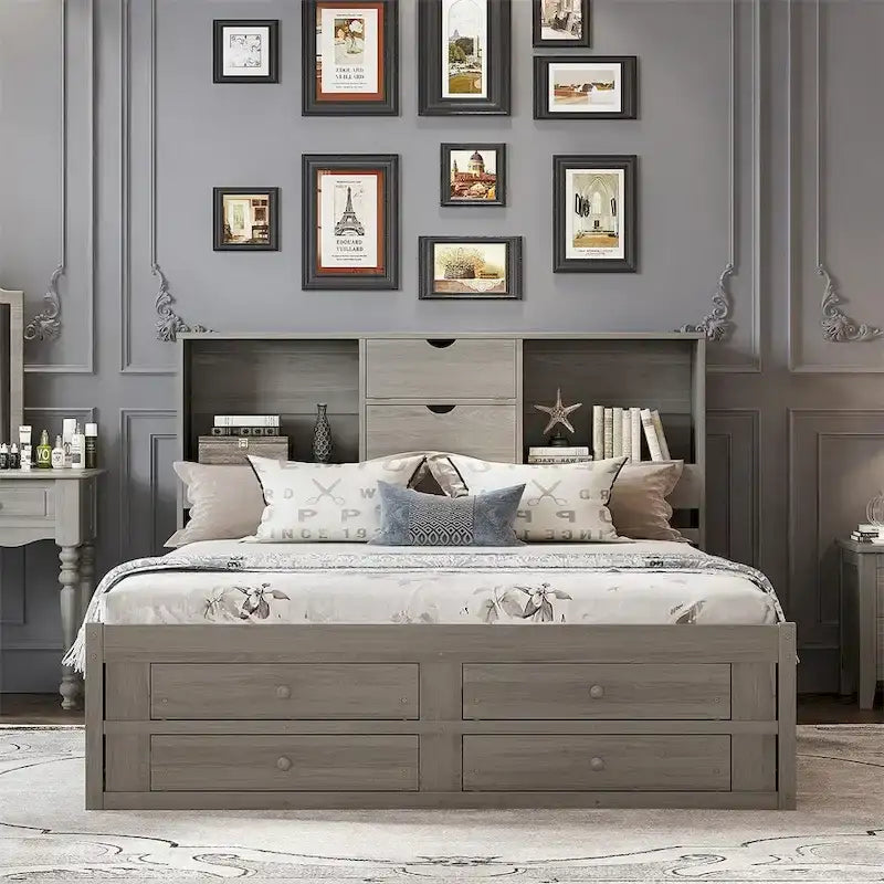 Lit plate-forme King Size avec tête de lit de rangement et 8 tiroirs