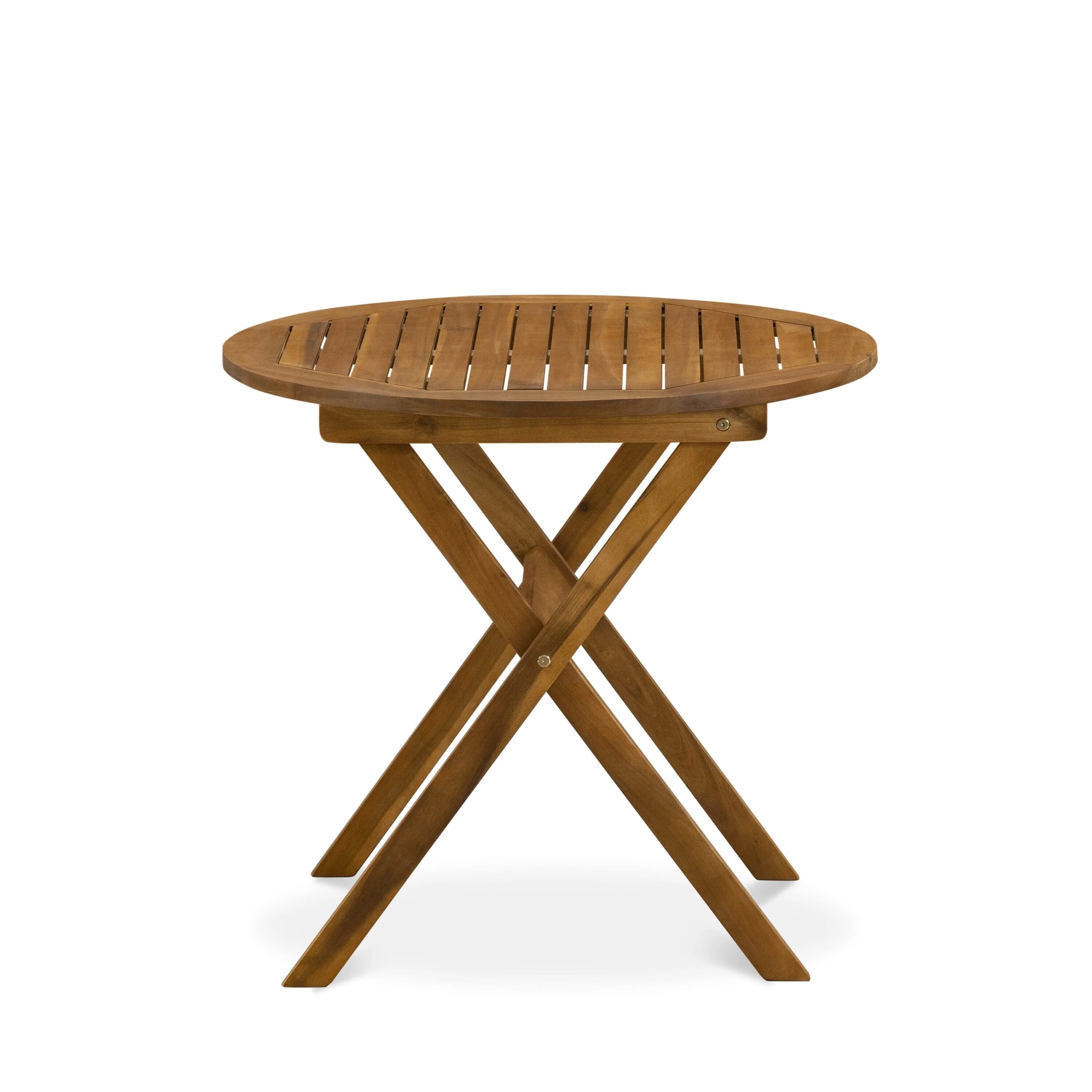 East West Furniture Ensemble Bistro de Conversation d'Extérieur avec Table Basse Ronde en Bois et 2 Chaises Pliantes, Huile Naturelle
