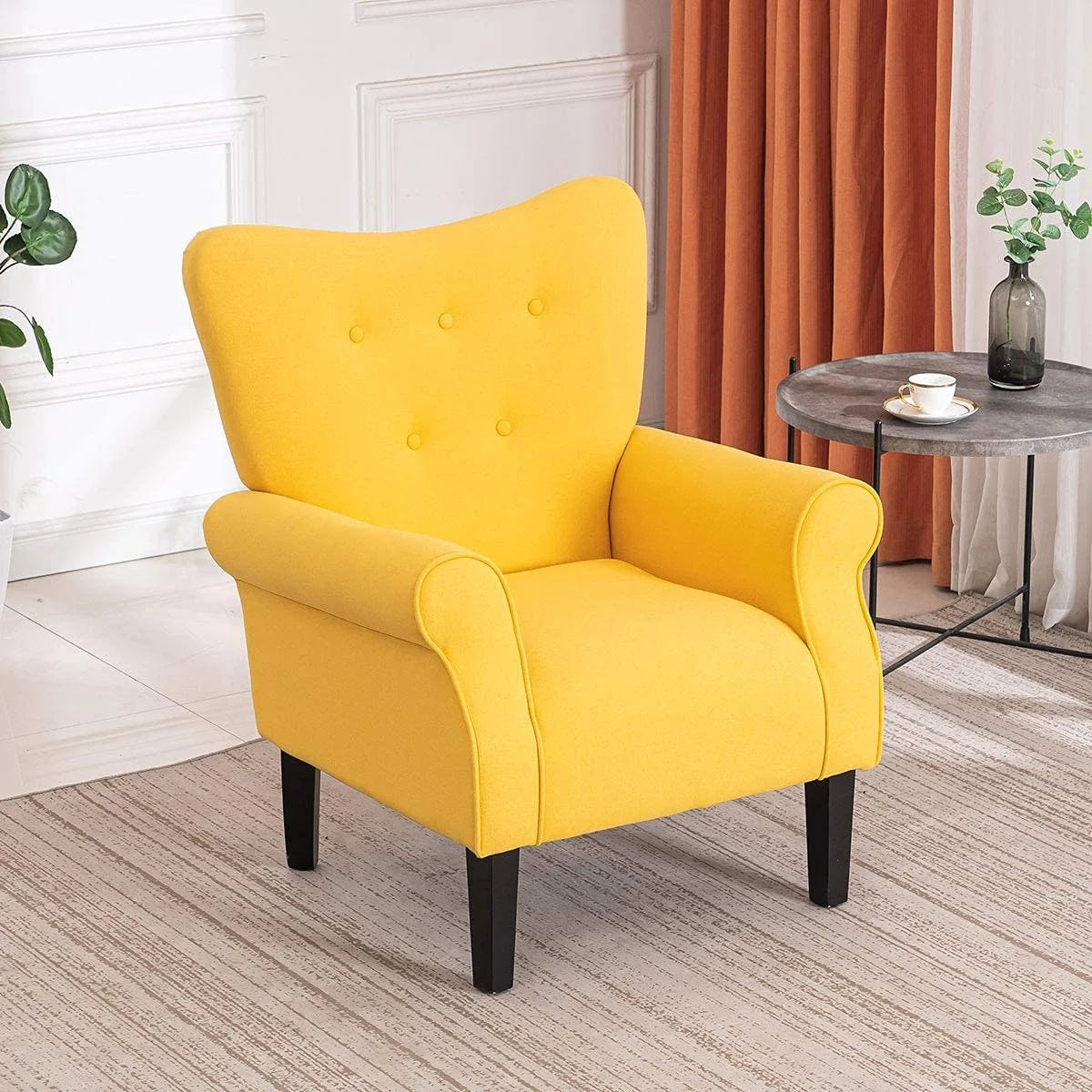 Fauteuil d'appoint moderne Erommy, fauteuil à dossier haut, canapé individuel en tissu capitonné avec pieds en bois pour salon