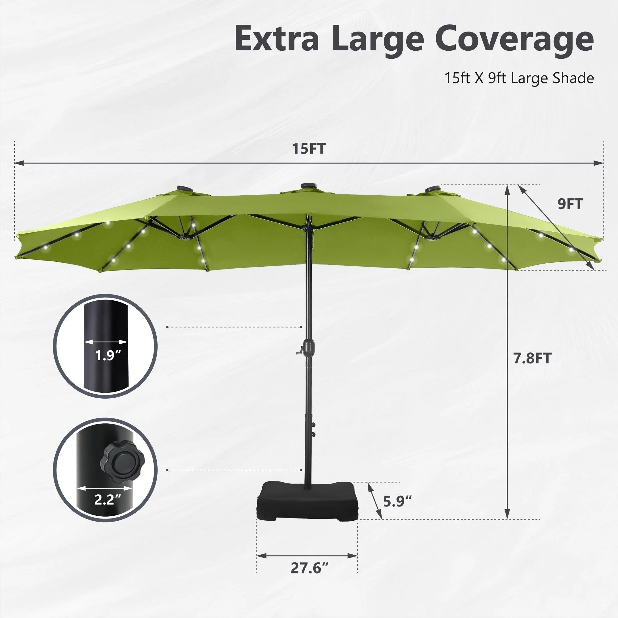 MAISON ARTS Parasol de marché extérieur rectangulaire de 4,5 m avec manivelle, double face, lumières LED solaires et base incluse