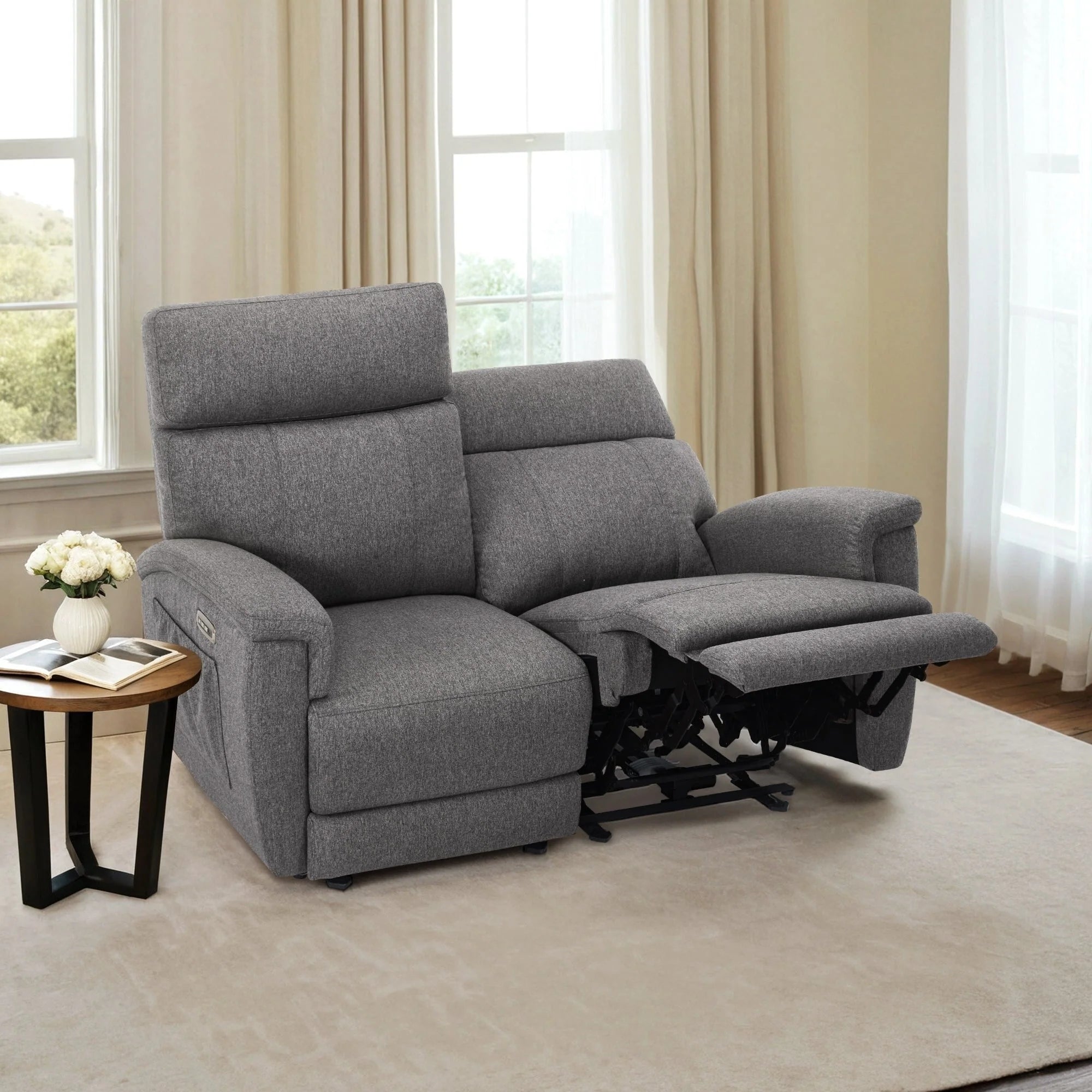 Canapé inclinable électrique biplace MCombo 60.2 avec massage et double chauffage, appuie-tête réglable, ports USB et USB-C, en tissu