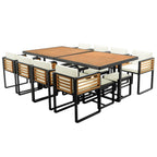 Ensemble de salle à manger de patio en bois d'acacia de 18 pièces, 8 chaises coussinées et 8 poufs et 2 tables carrées