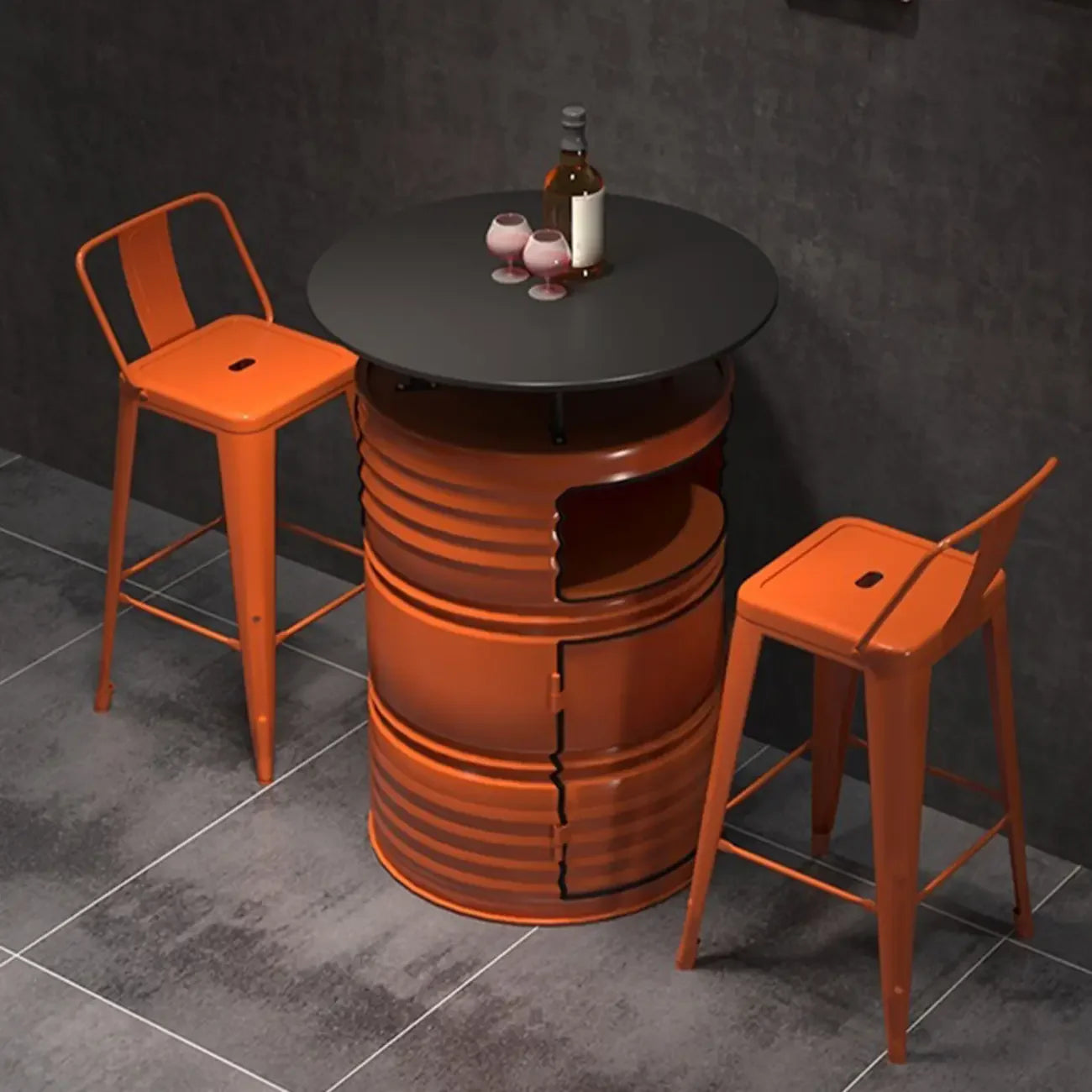 Tables de bar de rangement industrielles en métal noir et orange en forme de fût