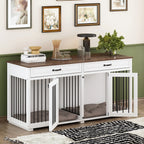 Meuble Niche Double pour Chiens en Bois avec 2 Tiroirs et Séparateur