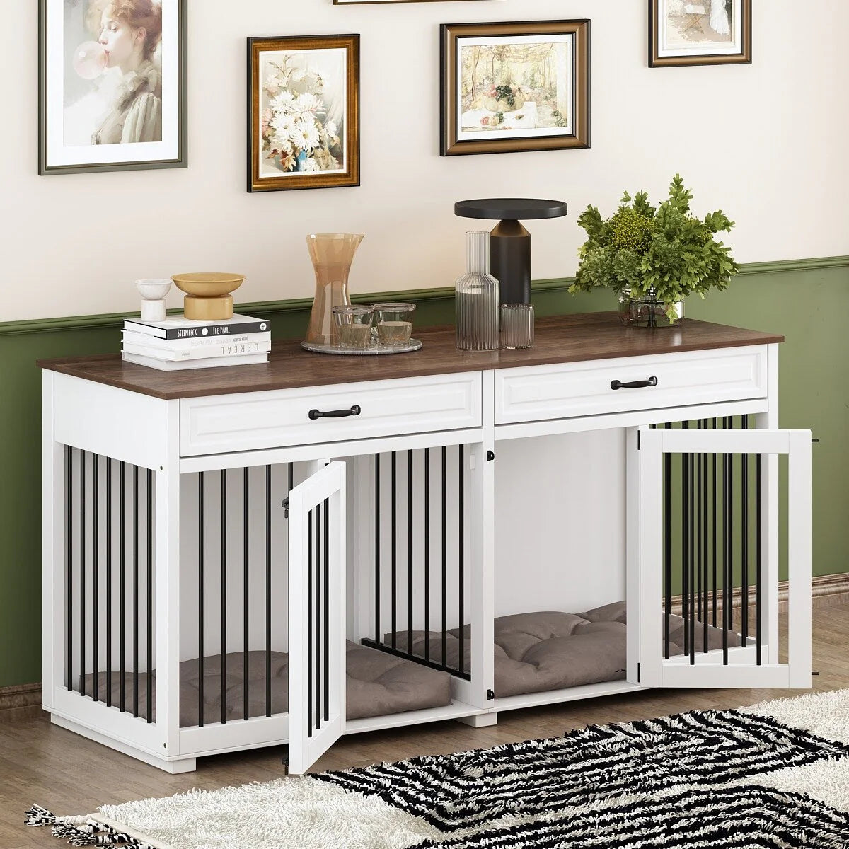 Meuble Niche Double pour Chiens en Bois avec 2 Tiroirs et Séparateur