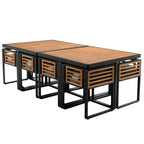 Ensemble de salle à manger de patio en bois d'acacia de 18 pièces, 8 chaises coussinées et 8 poufs et 2 tables carrées