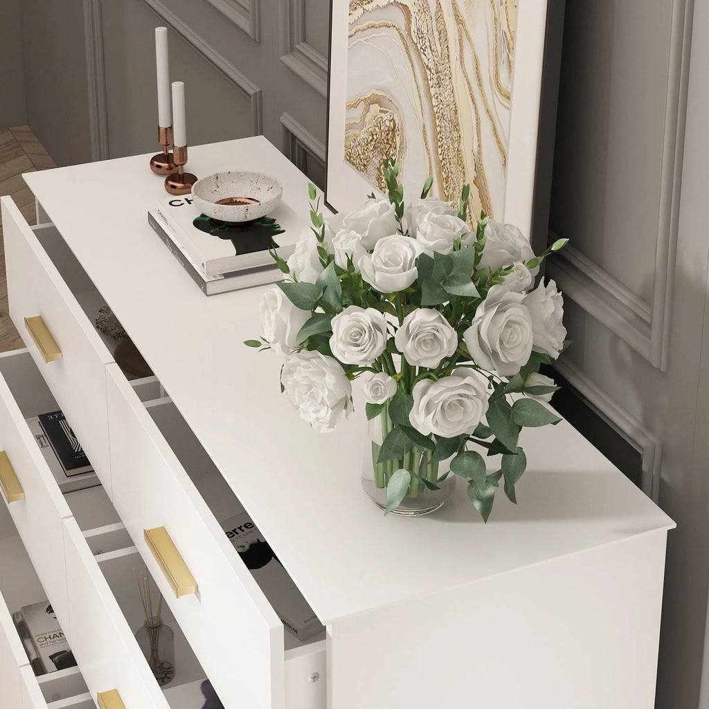 Commode double Timechee à 6 tiroirs, 120 cm de large, pieds en bois massif, finition laquée