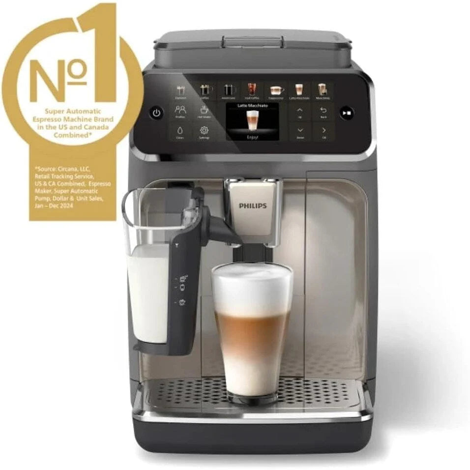 Machine à expresso haut de gamme, 12 cafés chauds/glacés, système LatteGo, moulin en céramique, chrome noir