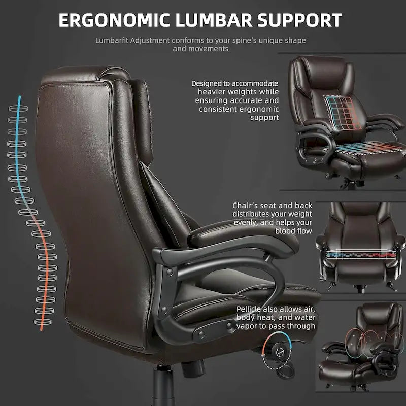 Chaise de bureau Bossin Big and Tall pour cadres, 227 kg, soutien lombaire réglable, chaise ergonomique avec dossier haut en cuir PU
