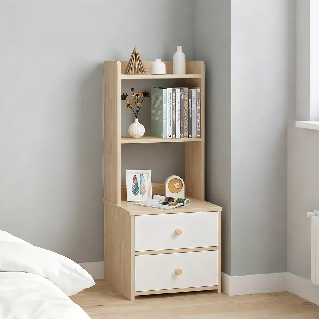 Table de chevet moderne haute en bois avec étagères spacieuses et 2 tiroirs