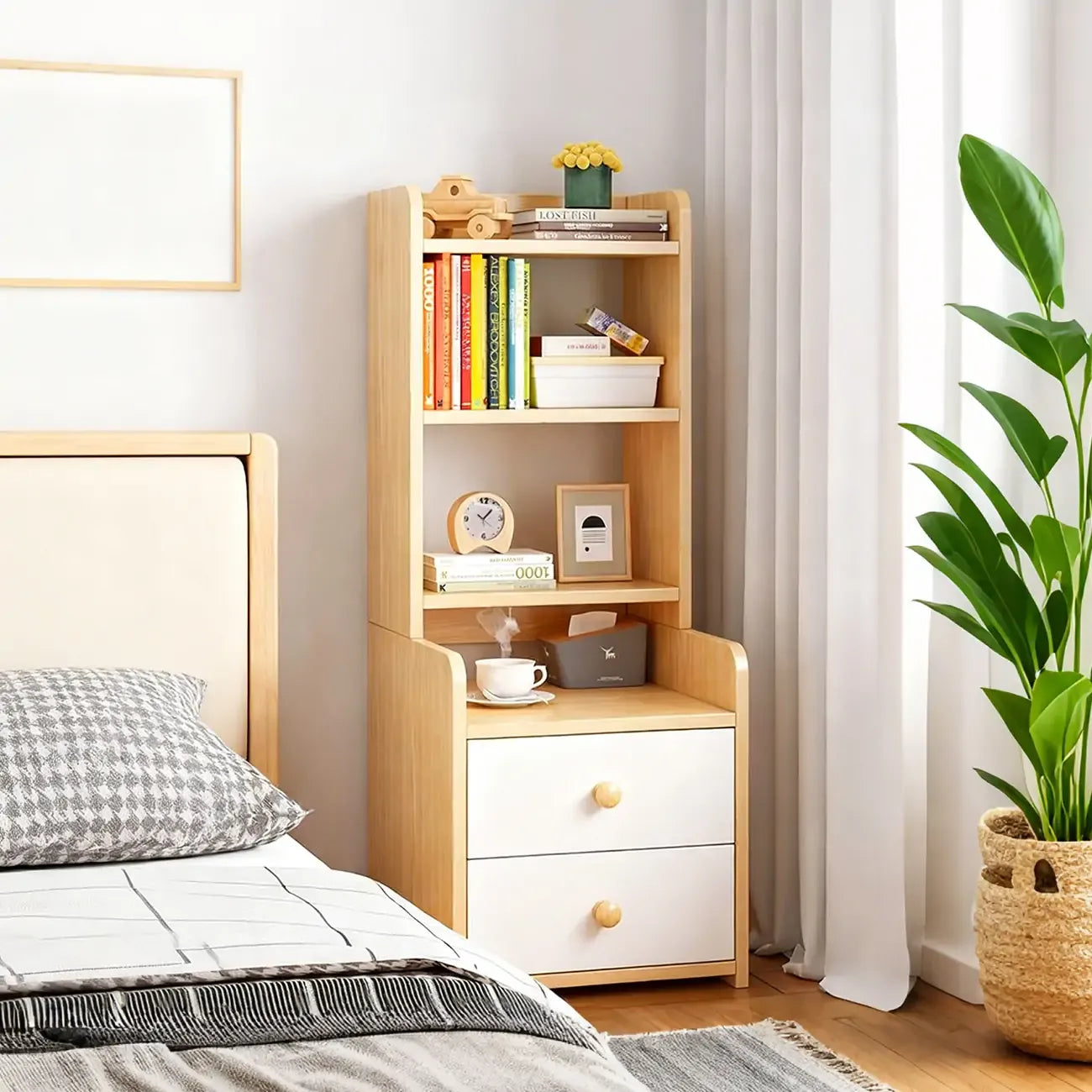 Table de chevet moderne haute en bois avec étagères spacieuses et 2 tiroirs