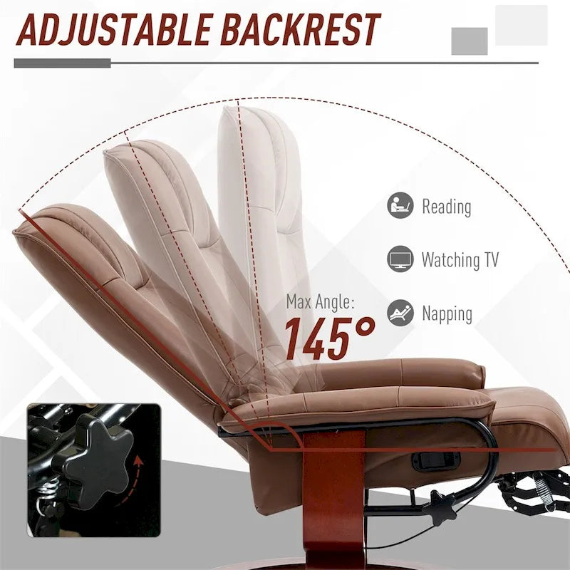 Fauteuil de relaxation pivotant en cuir réglable avec repose-pieds et accoudoirs
