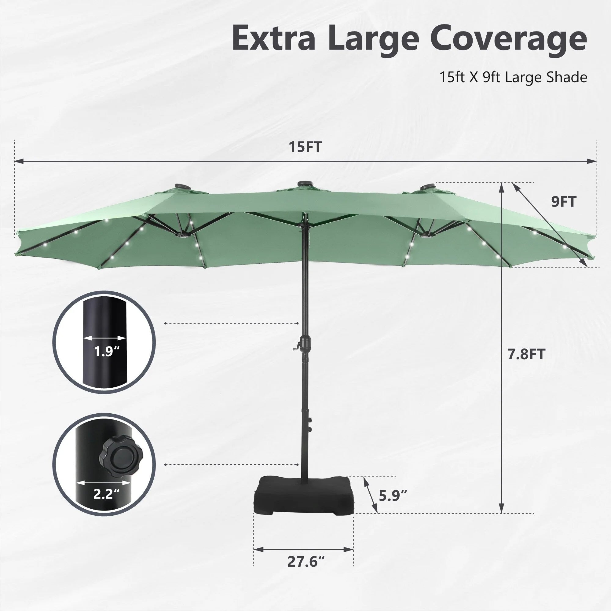 MAISON ARTS Parasol de marché extérieur rectangulaire de 4,5 m avec manivelle, double face, lumières LED solaires et base incluse