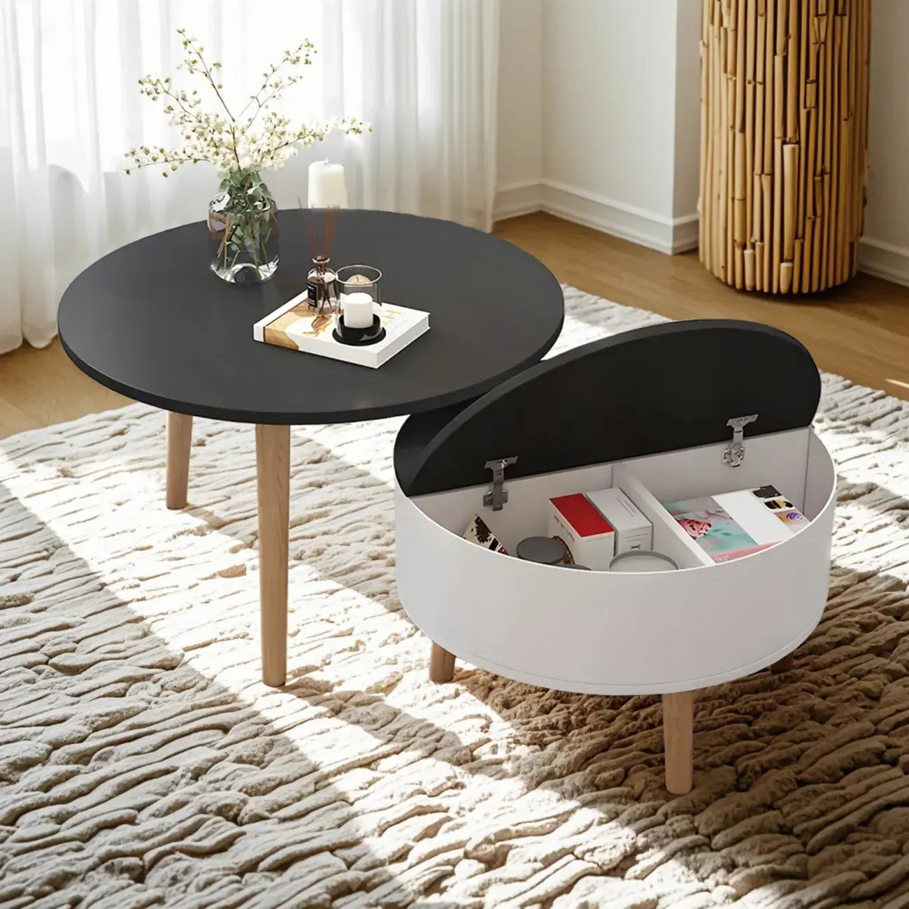 Table basse ronde en bois noir et blanc moderne avec rangement