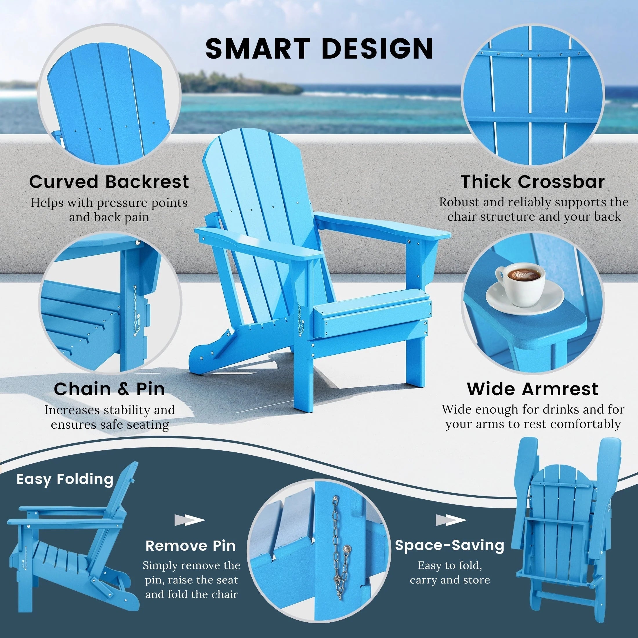 Chaise Adirondack pliante de patio d'extérieur tout temps résistante à la décoloration Polytrends Laguna