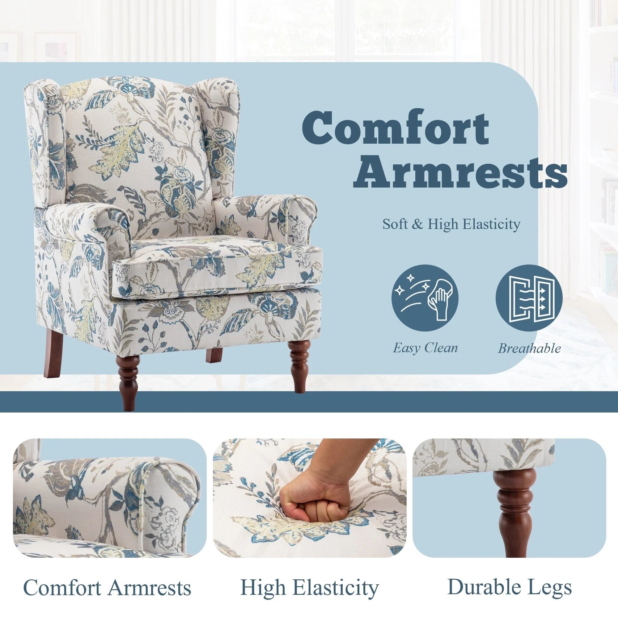 Fauteuil d'appoint moderne Erommy, fauteuil à dossier haut, canapé individuel en tissu capitonné avec pieds en bois pour salon