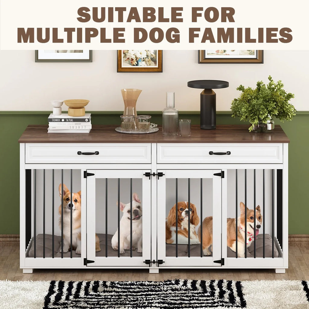 Meuble Niche Double pour Chiens en Bois avec 2 Tiroirs et Séparateur
