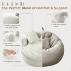 WOWMAX 47 Chaise Longue Ronde d'Intérieur, Canapé de Sol en Velours Côtelé Rembourré Fauteuil Convertible Surdimensionné avec 2 Coussins Décoratifs