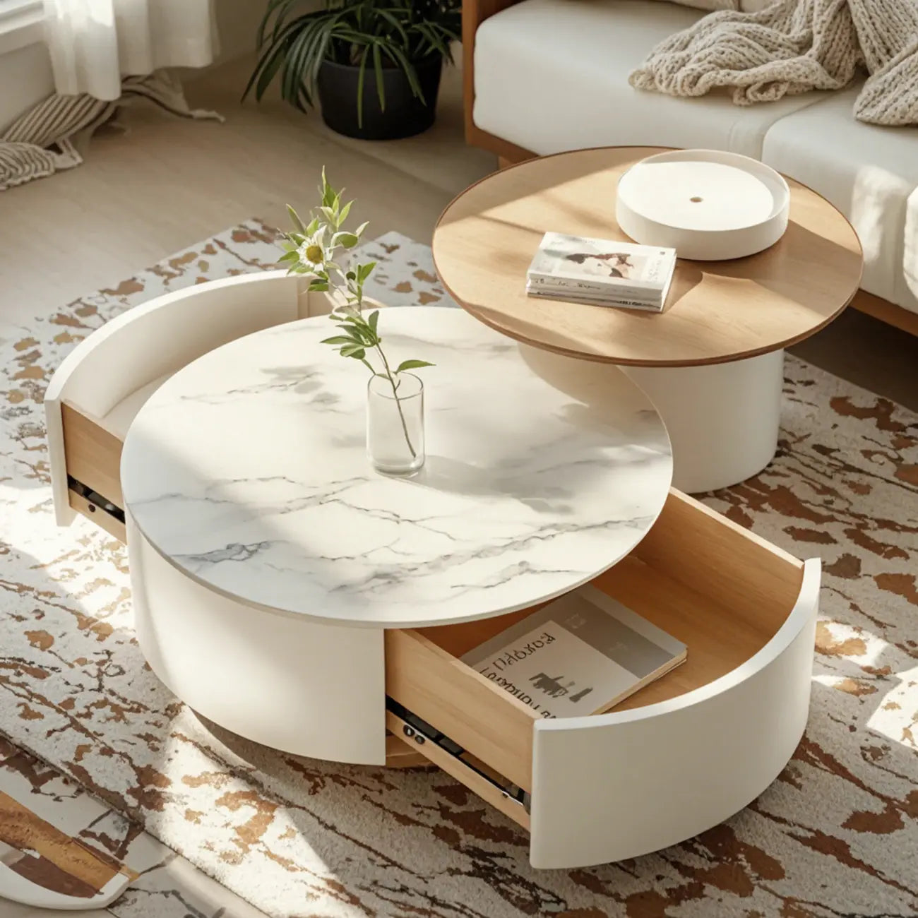 Table basse ronde moderne blanche avec tiroir en bois