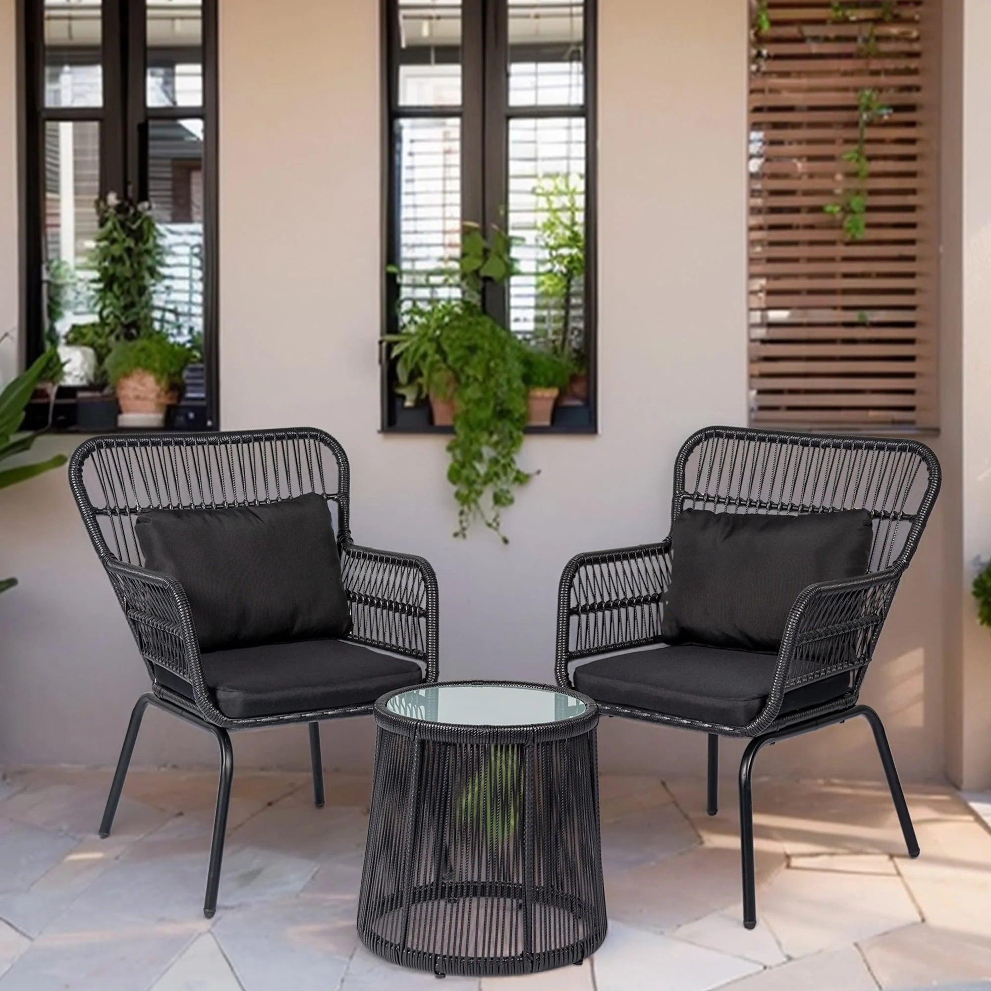 Ensemble bistrot 3 pièces d'extérieur en osier, meubles de terrasse en rotin résistant aux intempéries avec coussins