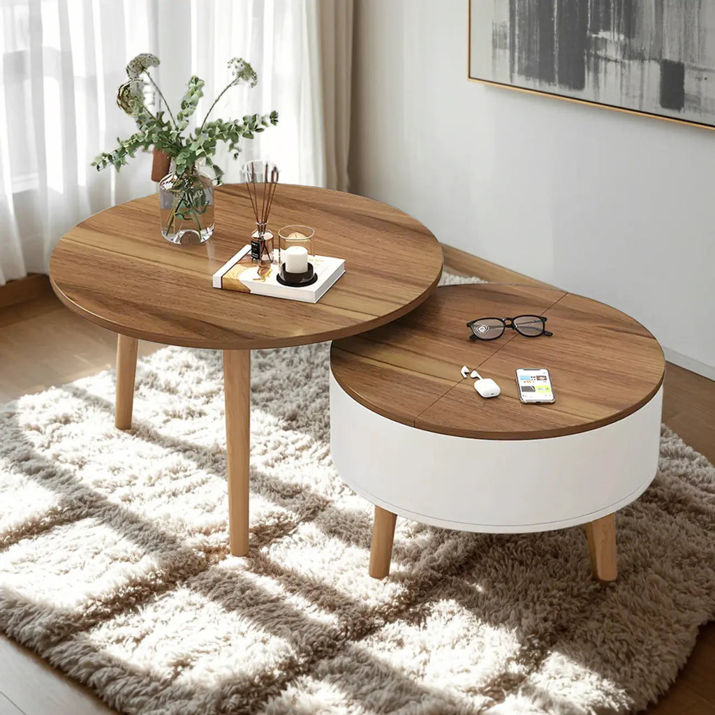 Table basse ronde en bois noir et blanc moderne avec rangement