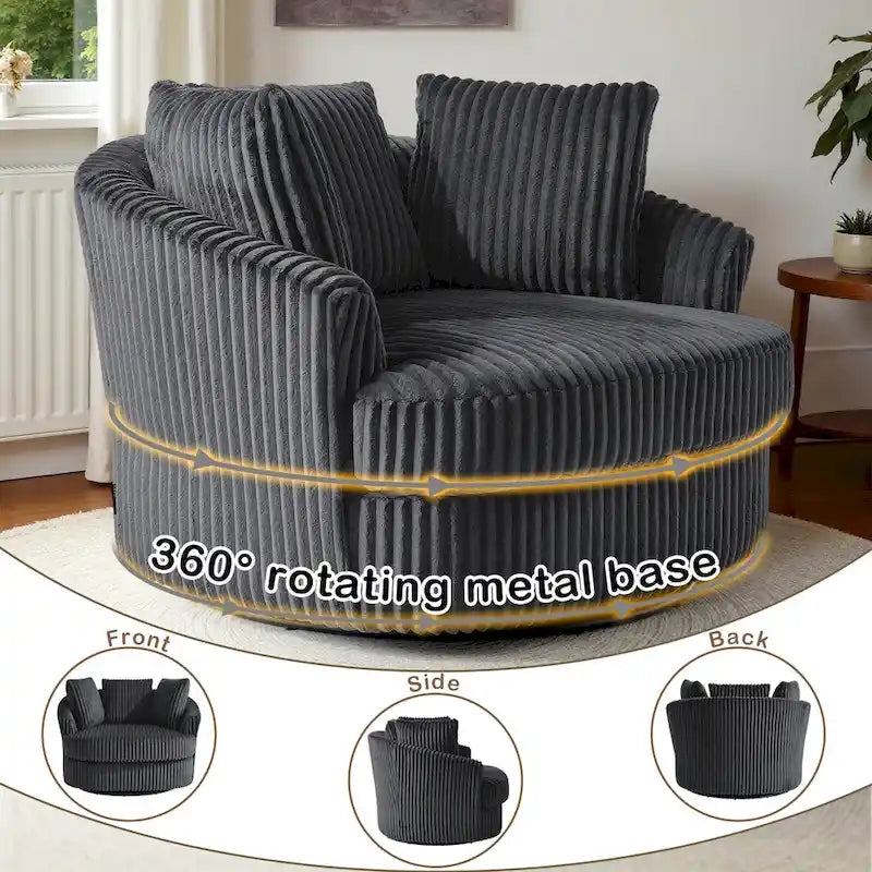 Lot de 2 fauteuils pivotants ronds surdimensionnés en velours côtelé moelleux de 43 po avec oreillers