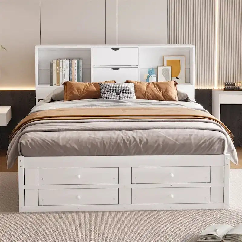 Lit plate-forme King Size avec tête de lit de rangement et 8 tiroirs