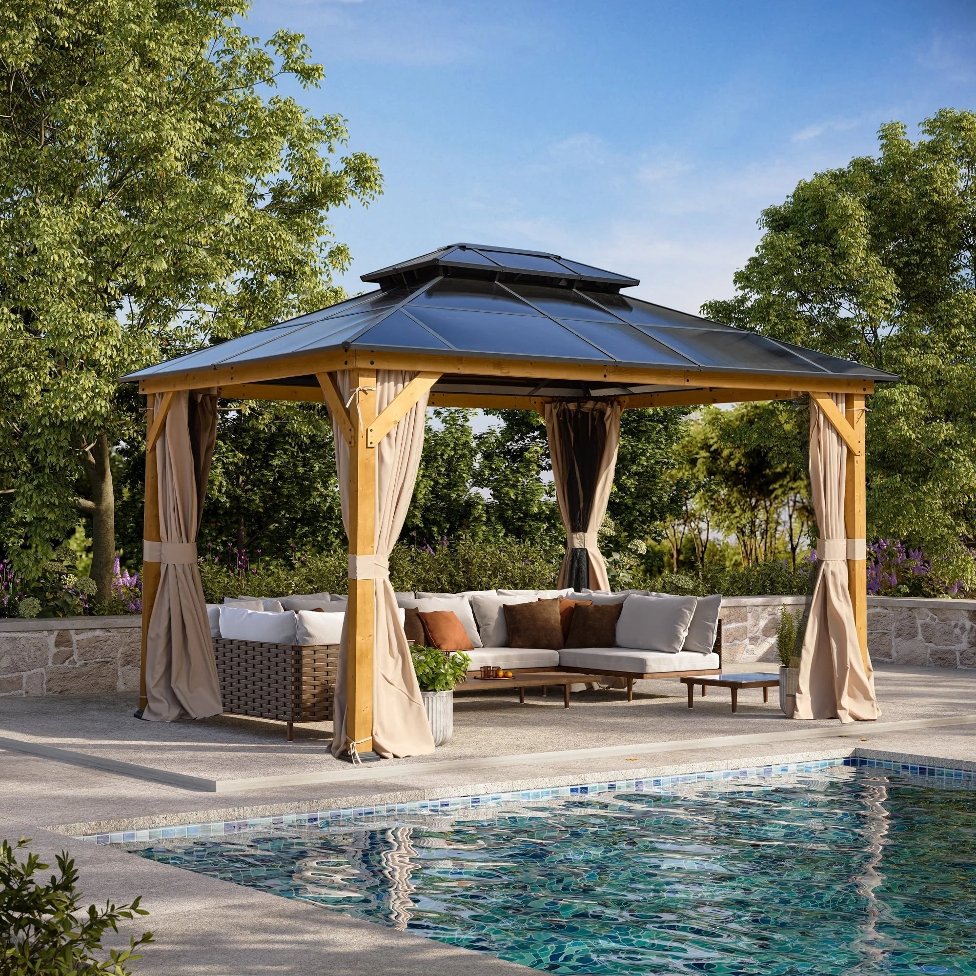 Tonnelle EROMMY à toit rigide, pergola extérieure avec double toit, moustiquaire et rideaux, auvent robuste pour patio, jardin, fête au bord de la piscine