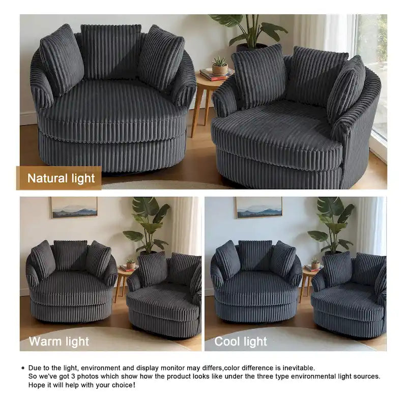 Lot de 2 fauteuils pivotants ronds surdimensionnés en velours côtelé moelleux de 43 po avec oreillers